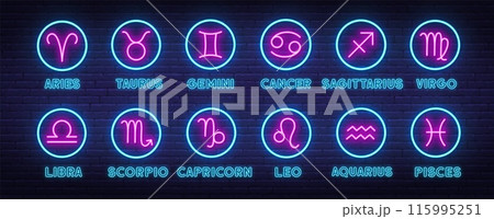 Neon Zodiac Signs Vector Set, Horoscope Symbols on brick wall background. Cancer, Aquarius, , Taurus, ,Libra, Aries, Gemini, Pisces, Virgo, Sagittarius, Leo, Capricorn and Scorpio emblem. 115995251