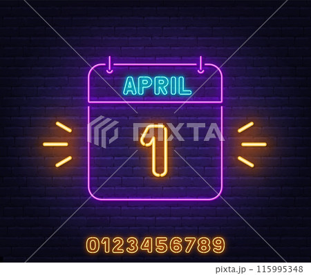 Neon Calendar Sign on brick wall background. 1 April text. Neon Calendar Sign on brick wall background. 1 April text. 115995348