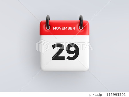 3D calendar icon with date 29 November on grey background. Vector schedule symbol. 115995391