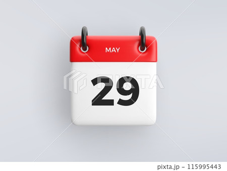 3D calendar icon with date 29 May on grey background. Vector schedule symbol. 115995443