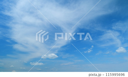 Sky with several layers of clouds moving in different directions. Sun rays at sunshine day. Time lapse. 115995696