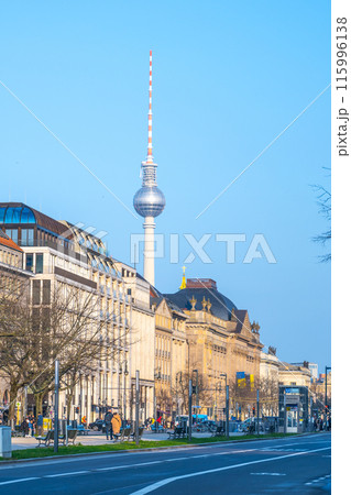 A clear blue sky over Unter den Linden Street, featuring the iconic Television Tower, German: Fernsehenturm, in the heart of Berlin, Germany 115996138