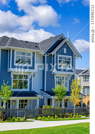 New residential townhouse on bright sunny day New residential townhouse on bright sunny day 115996212