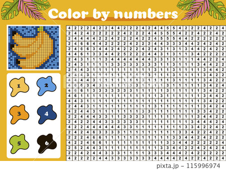 Color by number or pixel coloring page with tropical banana fruit Color by number or pixel coloring page with tropical banana fruit 115996974