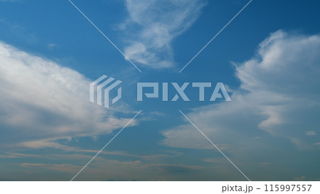 Sky with bautiful silky clouds. Puffy fluffy cumulus or cirrocumulus clouds. Timelapse. 115997557