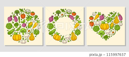 Set of square card heart and round shape form with farm fresh vegetables and greens. Veggies vector green colorful icons, isolated background. Organic, natural products. For poster, menu, social media 115997637