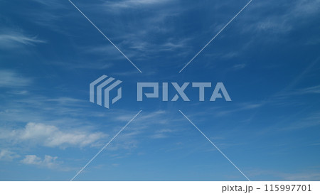 Cirrus clouds blue sky panorama background and copy space. Natural beautiful scene. Cirrus fibratus. Timelapse. 115997701