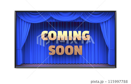 Coming Soon poster with stage curtains 3D illustration Coming Soon poster with stage curtains 3D illustration 115997788