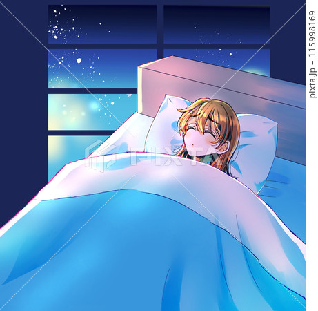 ベッドの中で表情が曇る女性 目閉じ ベッドの中で表情が曇る女性 目閉じ 115998169