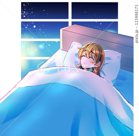 ベッドの中で表情が曇る女性 目閉じ ベッドの中で表情が曇る女性 目閉じ 115998171