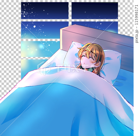 ベッドの中で表情が曇る女性 目閉じ ベッドの中で表情が曇る女性 目閉じ 115998171