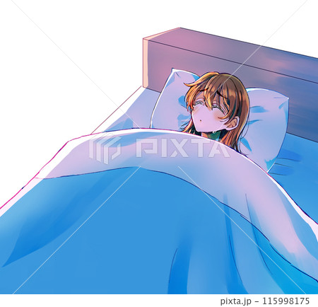 ベッドの中で泣いている女性 目閉じのイラスト素材 [115998175] - PIXTA, 画像サイズ:450x434