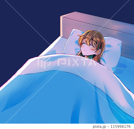 ベッドの中で表情が曇る女性　目閉じ 115998176