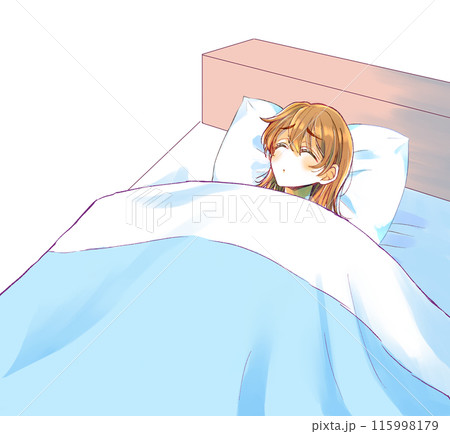 ベッドの中で表情が曇る女性 目閉じ ベッドの中で表情が曇る女性 目閉じ 115998179