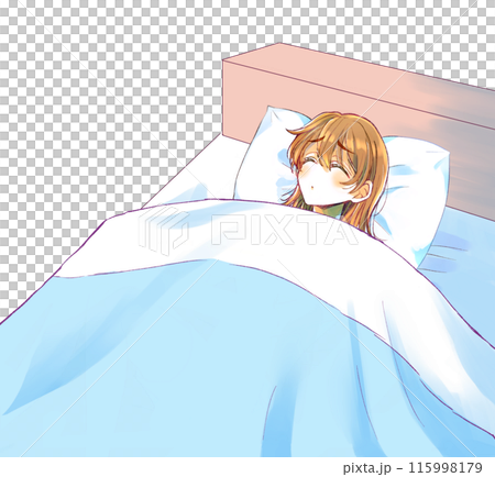 ベッドの中で表情が曇る女性 目閉じ ベッドの中で表情が曇る女性 目閉じ 115998179