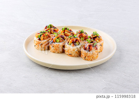 Japanese cuisine. Sushi roll on white background. 115998318
