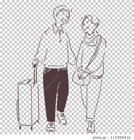 Simple line drawing transparent illustration of an elderly couple traveling 115998416