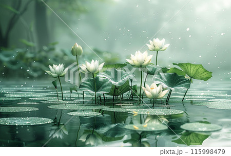 Traditional pond with  lotus leaves. Water lily flowers 115998479