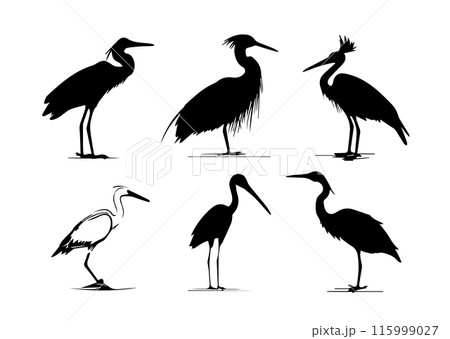 Heron Bird Silhouettes Set vector 115999027