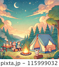 夜のキャンプ場で焚き火を楽しむ人々 115999032