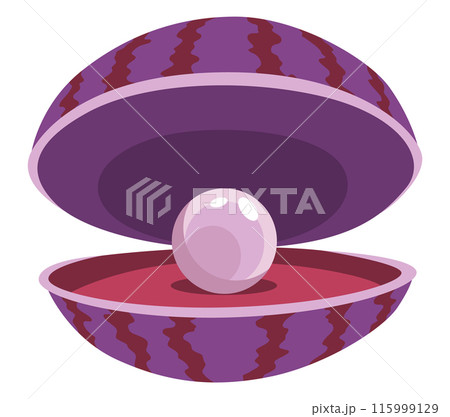 Pearl in seashell. Open seashels scallop and pearl shell icon. Beautiful pearl in clam shell in cartoon flat style. Vector illustration isolated on white background 115999129