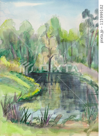 Quiet river surrounded by trees 115999182