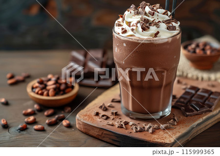 Chocolate milkshake with whipped cream on wooden board dessert concept Chocolate milkshake with whipped cream on wooden board dessert concept 115999365