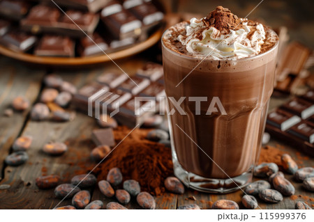 Chocolate milkshake with whipped cream on wooden board dessert concept 115999376