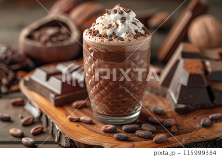 Chocolate milkshake with whipped cream on wooden board dessert concept 115999384