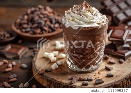 Chocolate milkshake with whipped cream on wooden board dessert concept 115999387
