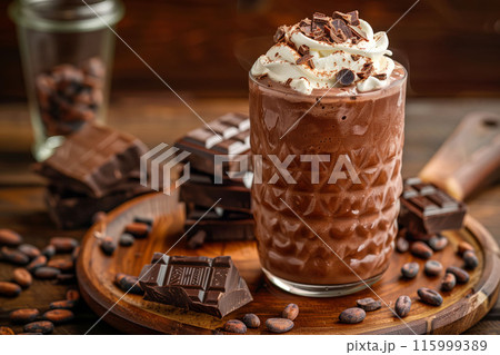 Chocolate milkshake with whipped cream on wooden board dessert concept 115999389