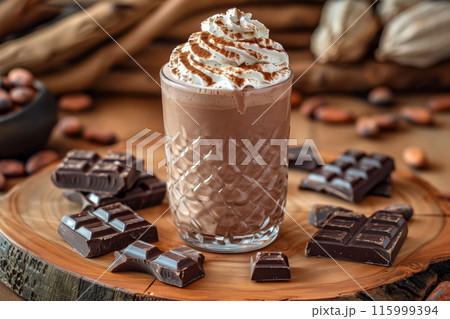 Chocolate milkshake with whipped cream on wooden board dessert concept 115999394