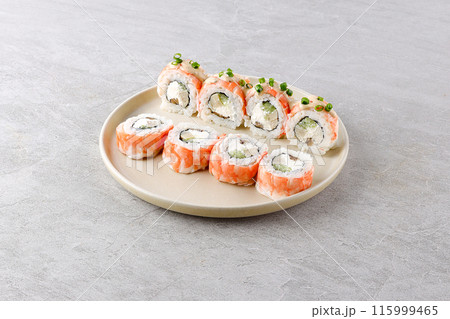 rolls with shrimp on a white background studio shooting rolls with shrimp on a white background studio shooting 115999465
