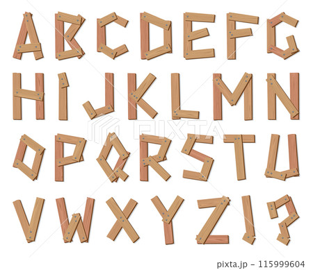 Wooden alphabet font set, A to Z. Texture letters isolated on white, vector illustration. Typography typeface made of wooden planks Wooden alphabet font set, A to Z. Texture letters isolated on white, vector illustration. Typography typeface made of wooden planks 115999604