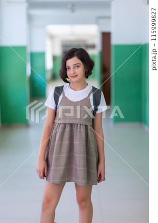 Beautiful girl in a school corridor posing for the camera Beautiful girl in a school corridor posing for the camera 115999827