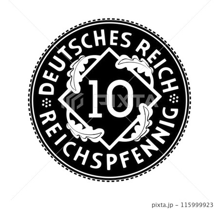 10 Reichspfennig, Deutsches Reich of Germany outlined in vector. The coin is depicted in black and white. Vector. 115999923