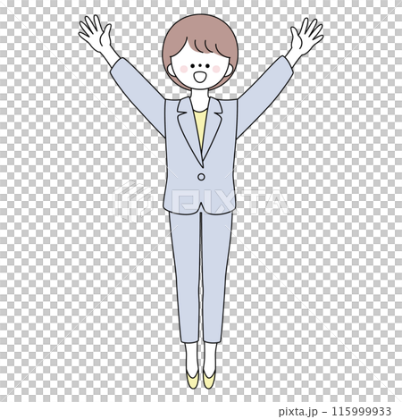 Illustration of a woman in a suit looking happy with her arms outstretched Illustration of a woman in a suit looking happy with her arms outstretched 115999933