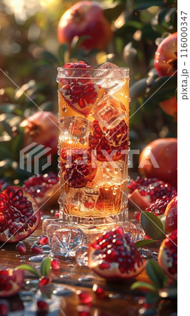 Iced tea with Pomegranate, surrounded by Pomegranates and ice cubes 116000347