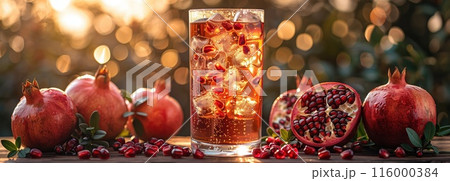 Iced tea with Pomegranate, surrounded by Pomegranates and ice cubes 116000384