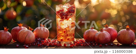 Iced tea with Pomegranate, surrounded by Pomegranates and ice cubes 116000386