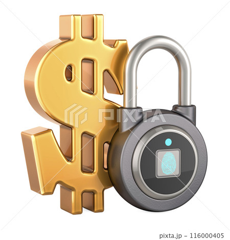 Golden dollar with fingerprint padlock. Financial protection, concept. 3D rendering 116000405