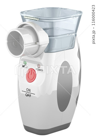 White Portable Nebulizer. Handheld personal steam inhaler. 3D rendering White Portable Nebulizer. Handheld personal steam inhaler. 3D rendering 116000423