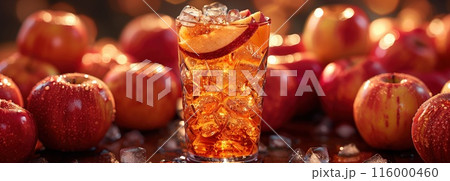 Iced tea with Red Apple, surrounded by apples and ice cubes 116000460