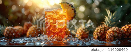 Iced tea with Pineapples, surrounded by pineapple and ice cubes 116000469