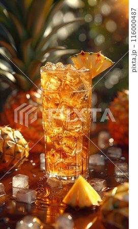 Iced tea with Pineapples, surrounded by pineapple and ice cubes 116000487
