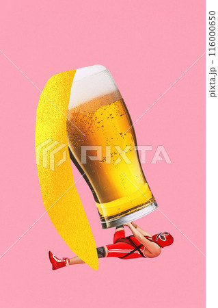 Poster. Contemporary art collage. Man in red wrestling outfit and mask, clinging to base of giant beer glass against green background. 116000650