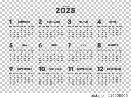2025年のシンプルなデザインの年間カレンダー - 日曜始まり･12ヶ月･1年分の暦 - A判比率 116000906
