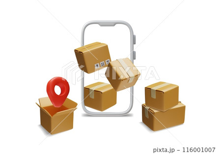 3D cardboard boxes with geolocation signs for packaging and delivery services ideal for online orders. 116001007