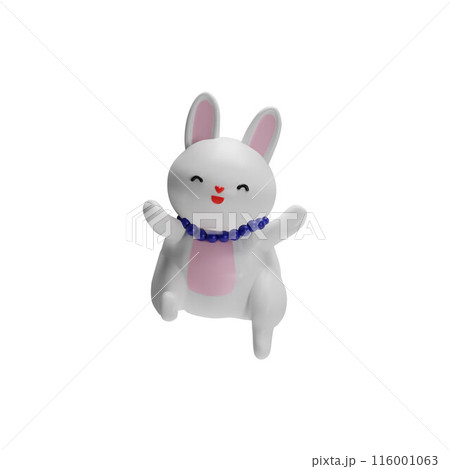 3d Happy fluffy rabbit with blue beads runs joyfully. 3d Happy fluffy rabbit with blue beads runs joyfully. 116001063