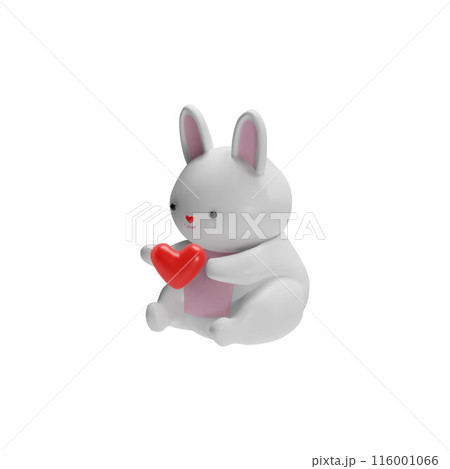 3D vector illustration of a sitting white rabbit holding a red heart in its paws. 3D vector illustration of a sitting white rabbit holding a red heart in its paws. 116001066
